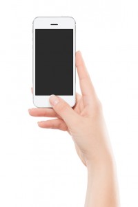 Directly front view of a modern white mobile smart phone in fema